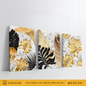 Trio floral doré élégant - Grandes feuilles lumineuses en or sur fond sombre