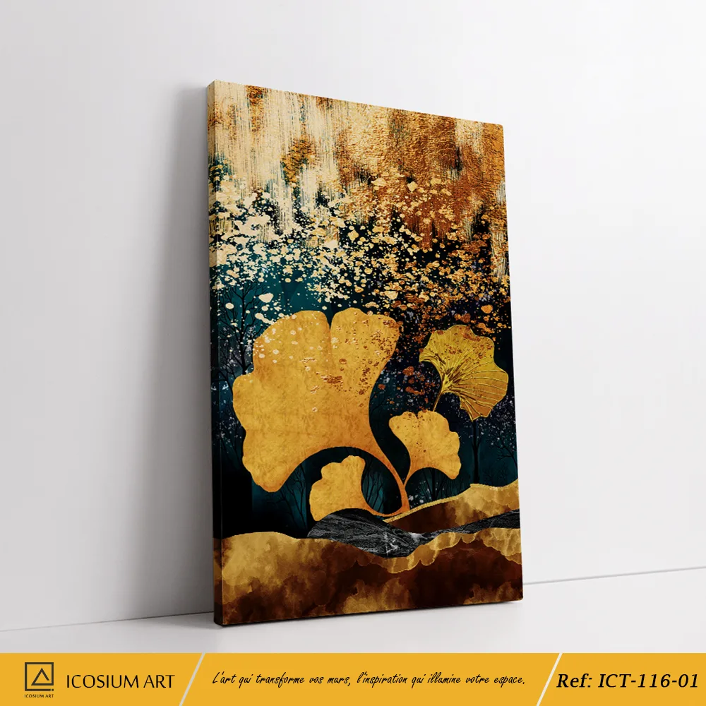 Triptyque Ginkgo Doré – Éclat de Luxe Bleu & Cuivre – Image 2