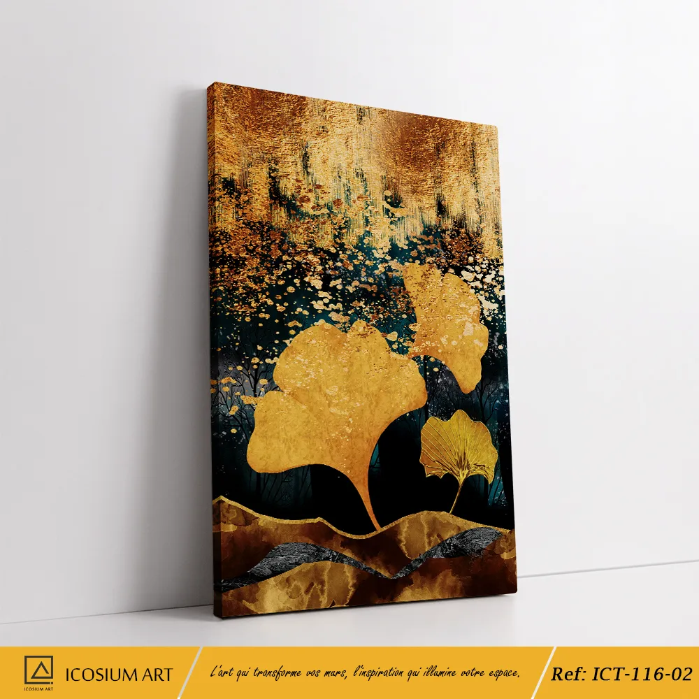 Triptyque Ginkgo Doré – Éclat de Luxe Bleu & Cuivre – Image 3