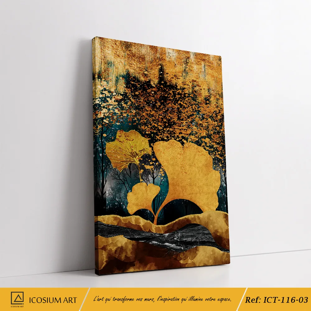 Triptyque Ginkgo Doré – Éclat de Luxe Bleu & Cuivre – Image 4