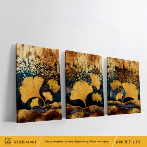 Triptyque Ginkgo Doré – Éclat de Luxe Bleu & Cuivre