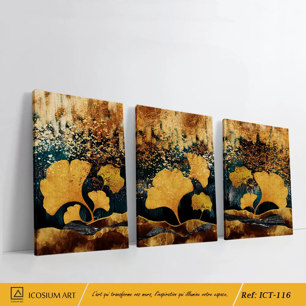 Triptyque Ginkgo Doré – Éclat de Luxe Bleu & Cuivre