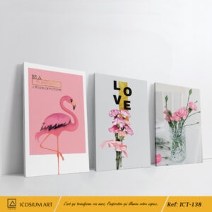 Triptyque "Flamingo & Love" – Art Féminin et Romantique, Flamant Rose et Fleurs Délicates
