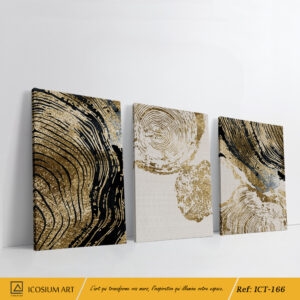 Triptyque Essence Naturelle : Cernes de Bois avec Finitions Dorées et Noires