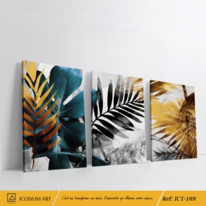 Triptyque Nature Luxuriante : Feuillages Tropicaux Bleu, Noir et Doré