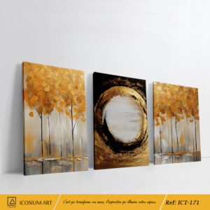 Triptyque "Forêt Dorée" : Arbres Élégants et Motif Abstrait en Harmonie