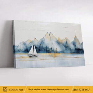 Tableau Voilier Montagnes Or et Bleu Poudré - Paysage Marin Luxe