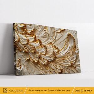 Tableau Abstrait Relief 3D Crème et Or - Motif Volutes Luxueux