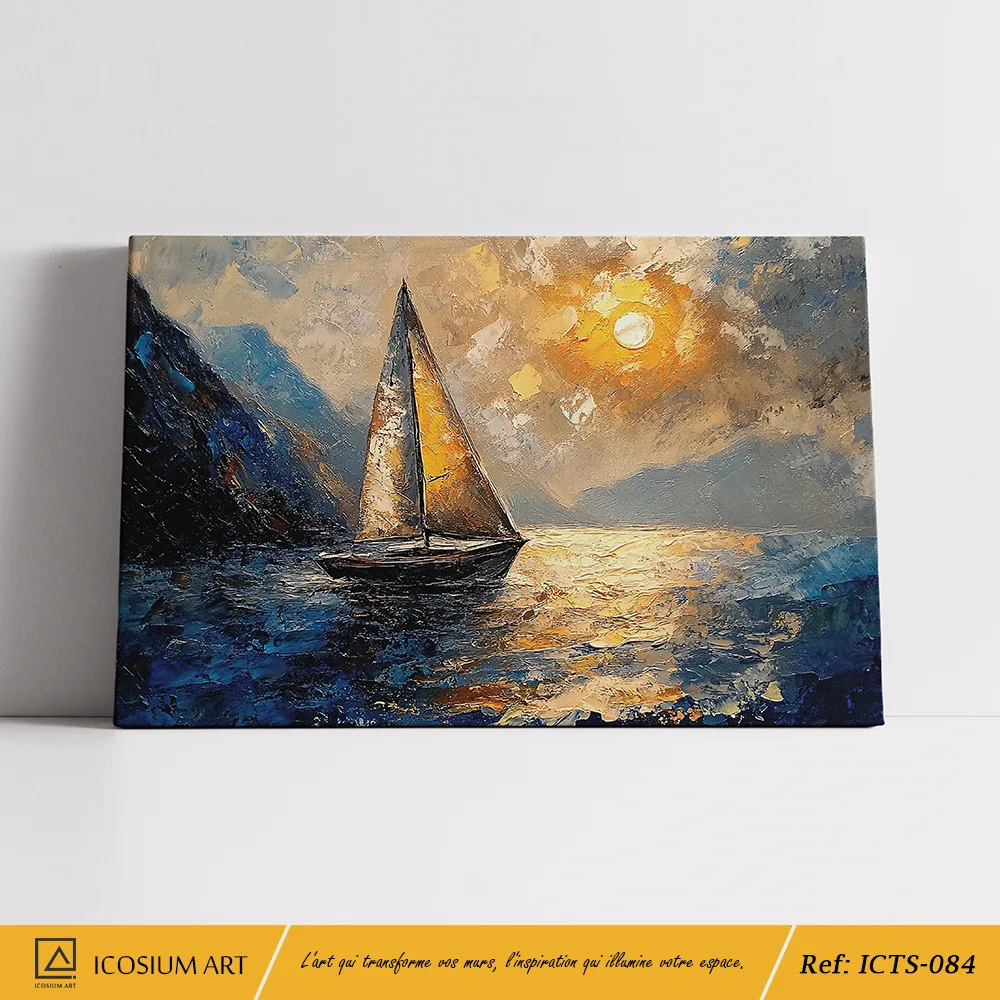 Tableau Voilier Montagnes Bleu et Or - Paysage Marin Impressionniste – Image 2