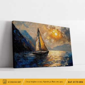 Tableau Voilier Montagnes Bleu et Or - Paysage Marin Impressionniste