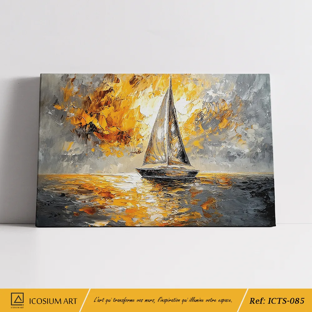 Tableau Voilier Abstrait Gris Or - Paysage Marin Moderne – Image 2