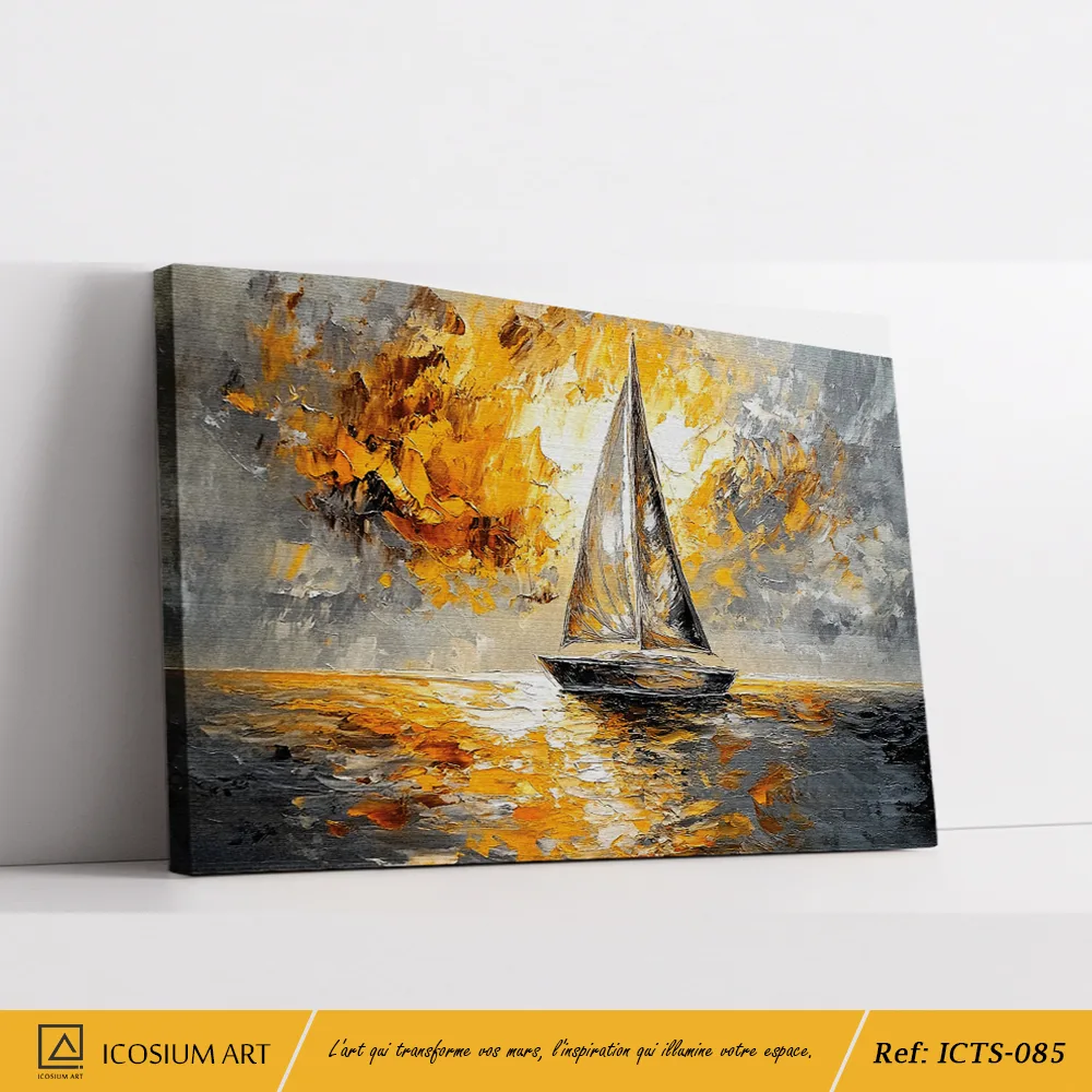 Tableau Voilier Abstrait Gris Or - Paysage Marin Moderne