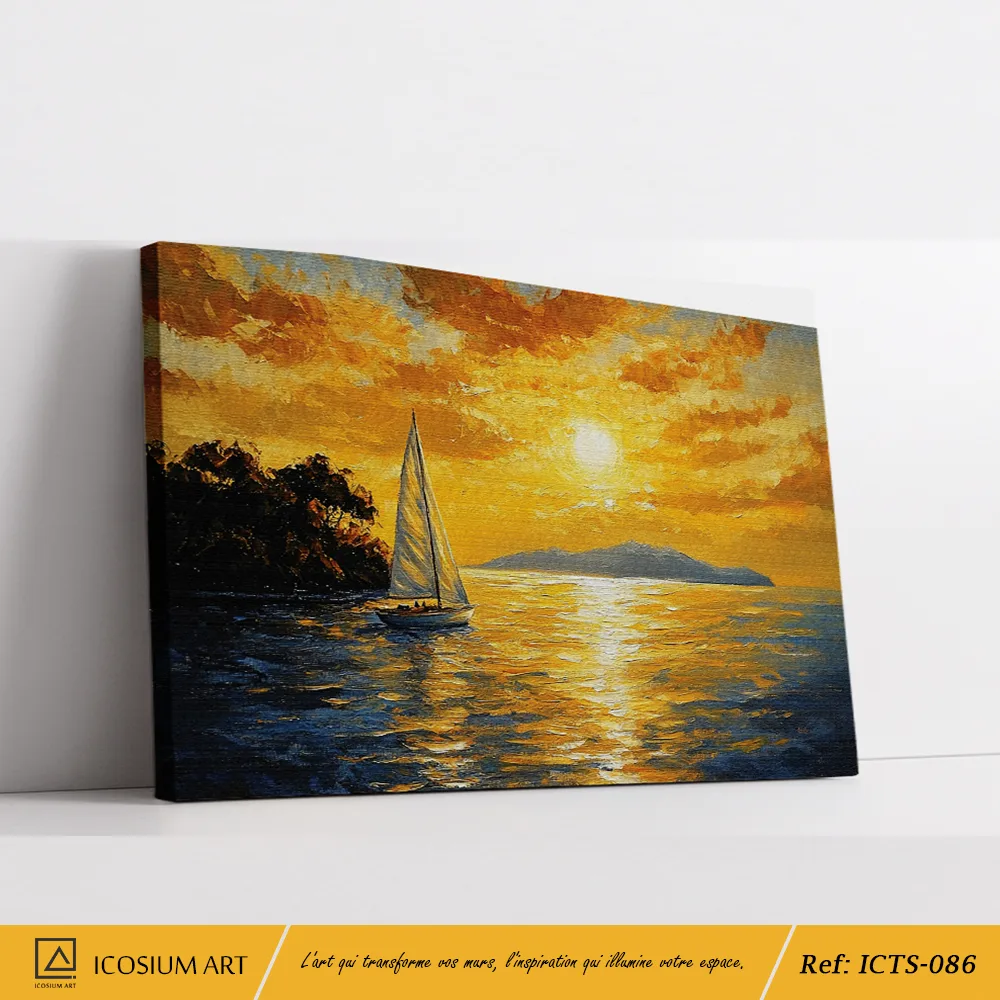 Tableau Voilier Coucher de Soleil - Impressionnisme Orange et Or