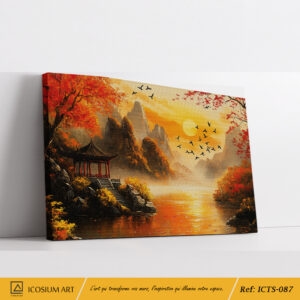 Tableau Paysage Asiatique Temple et Coucher de Soleil - Couleurs Chaudes
