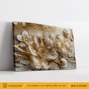 Tableau Floral Monochromatique Beige et Or - Relief 3D