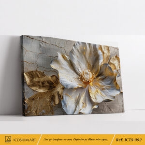 Tableau Fleur Blanche Or Effet Craquelé - Relief 3D
