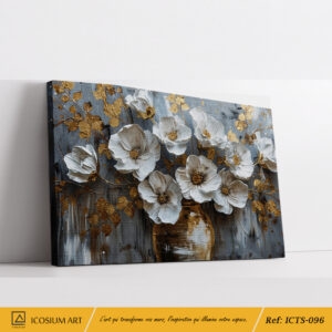 Tableau Bouquet de Fleurs Blanches et Vase Or - Fond Gris