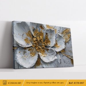 Tableau Fleur Gris Argent et Or - Effet Relief 3D