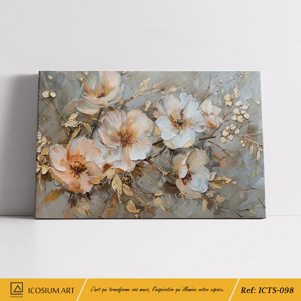 Tableau Fleurs de Cerisier et Or sur Fond Gris - Effet Relief – Image 2