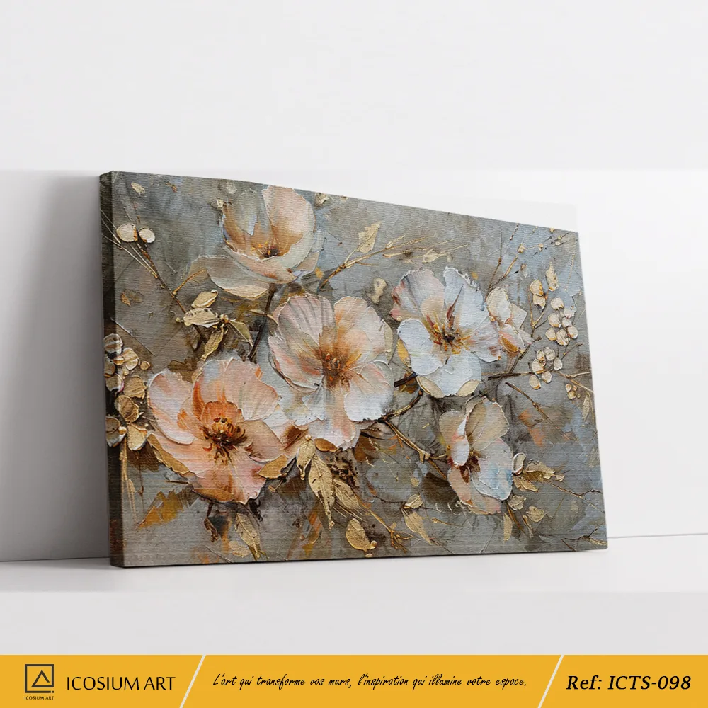 Tableau Fleurs de Cerisier et Or sur Fond Gris - Effet Relief