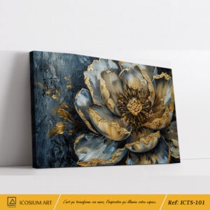 Tableau Fleur Bleu Gris et Or - Effet Relief 3D