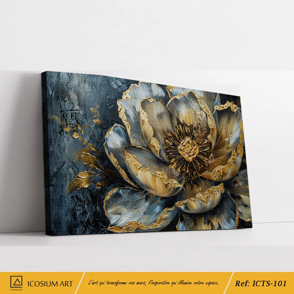 Tableau Fleur Bleu Gris et Or - Effet Relief 3D