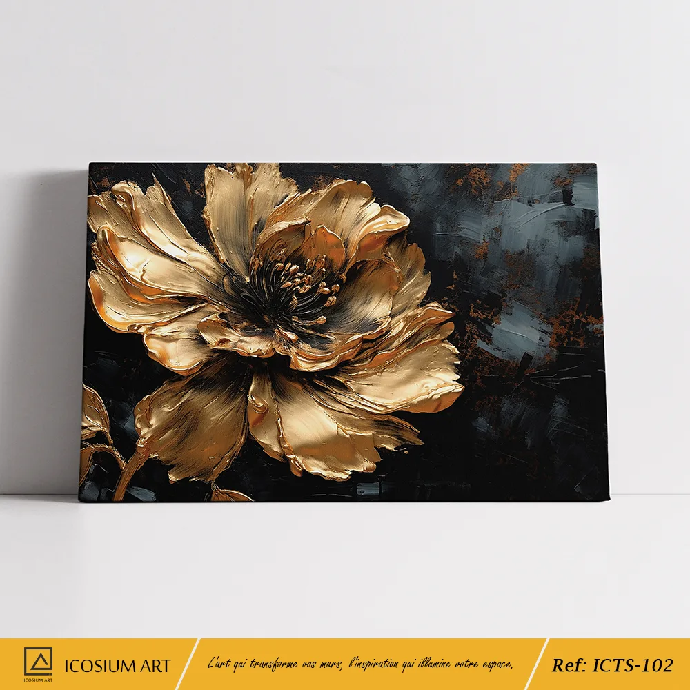 Tableau Fleur Dorée sur Fond Noir - Effet Relief 3D – Image 2