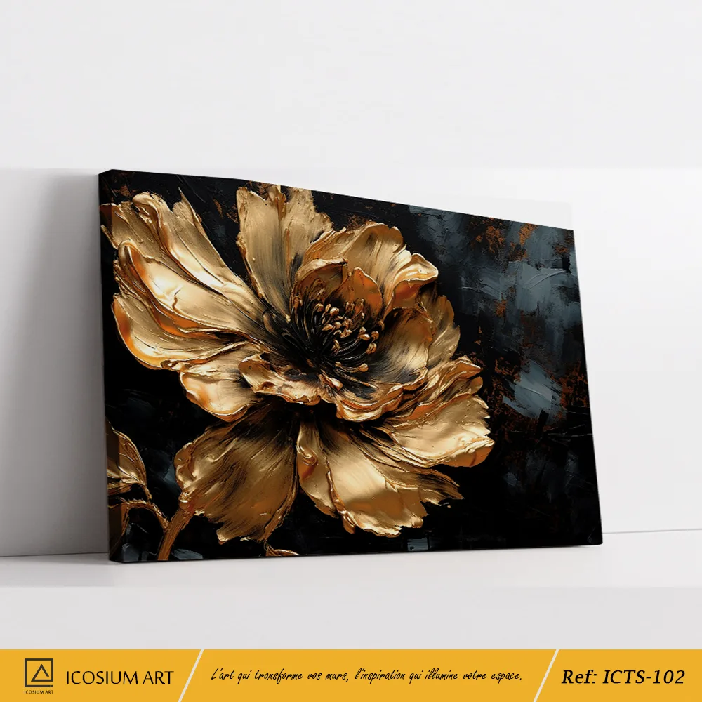 Tableau Fleur Dorée sur Fond Noir - Effet Relief 3D