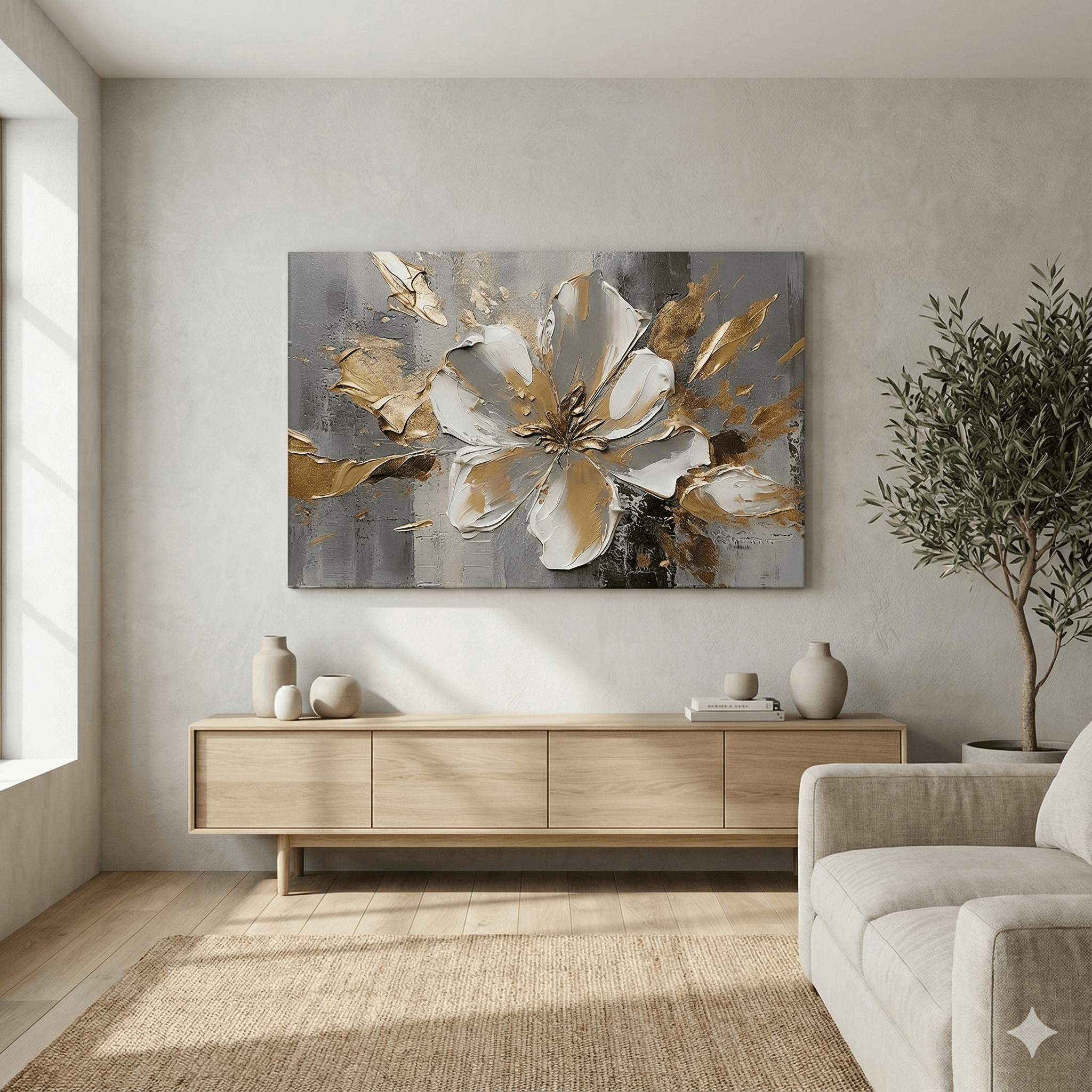 Lumière d’Or – Une Fleur Blanche et Dorée en Relief pour un Intérieur Chic et Moderne – Image 3